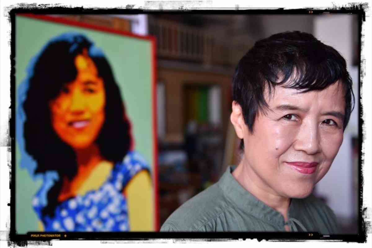 Photo of poet Yi Lei standing by image of Hei Ming